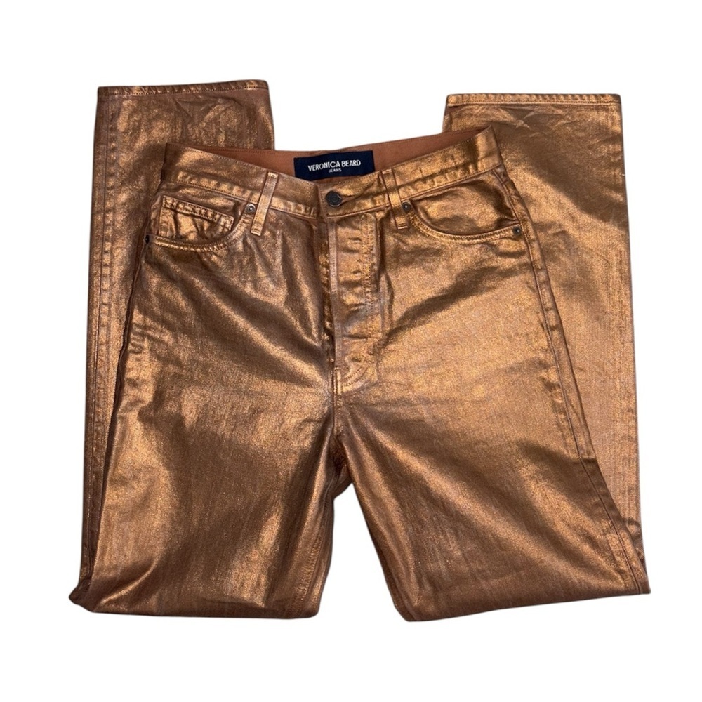 Veronica Beard Metallic Copper Gold Daniela Straight Leg High Rise Denim